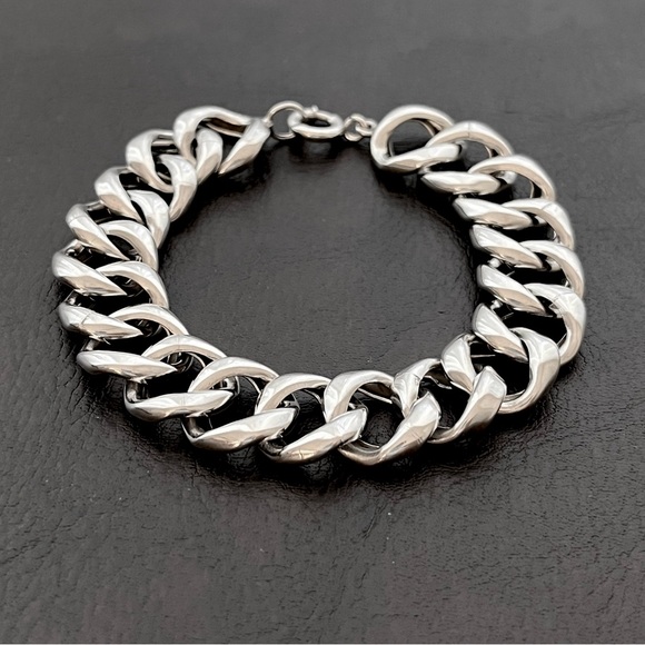 Vintage sterling silver wide Cuban link chain bracelet - Picture 4 of 9